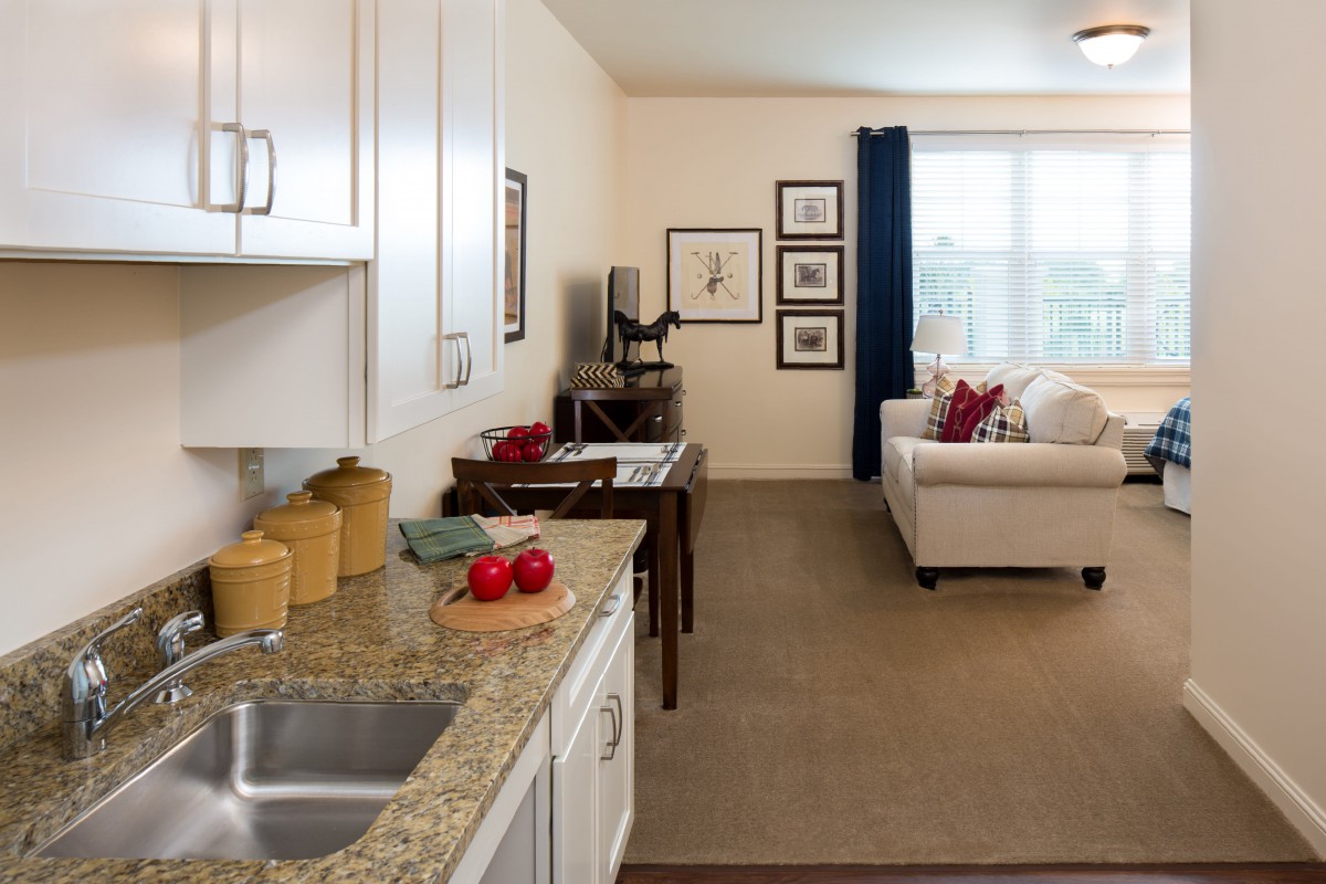 A modern open floor plan showcasing a kitchen and living room with stylish furniture and decor.