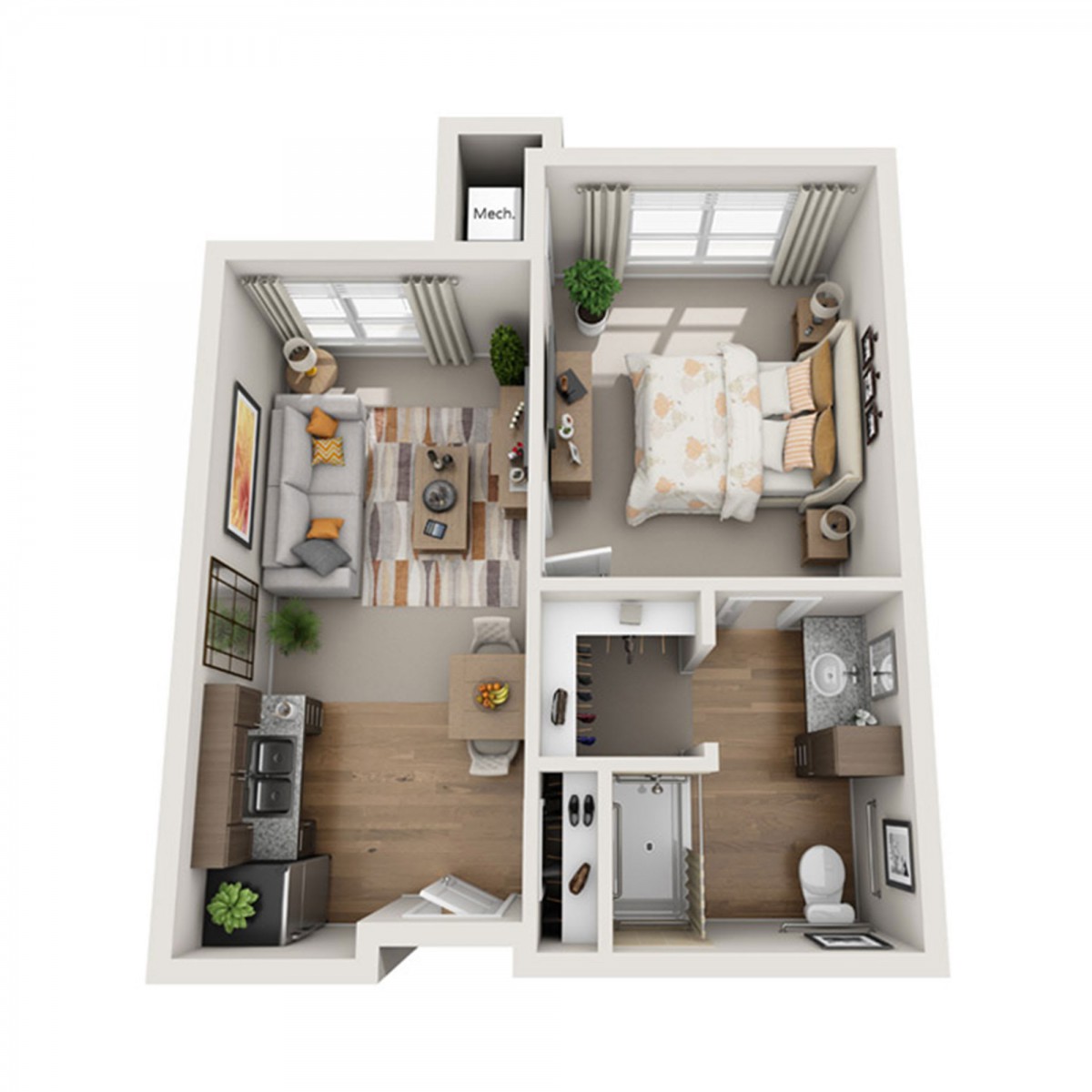 A 3D rendering of a cozy one-bedroom apartment floor plan showcasing the living room, kitchen, bedroom, and bathroom.