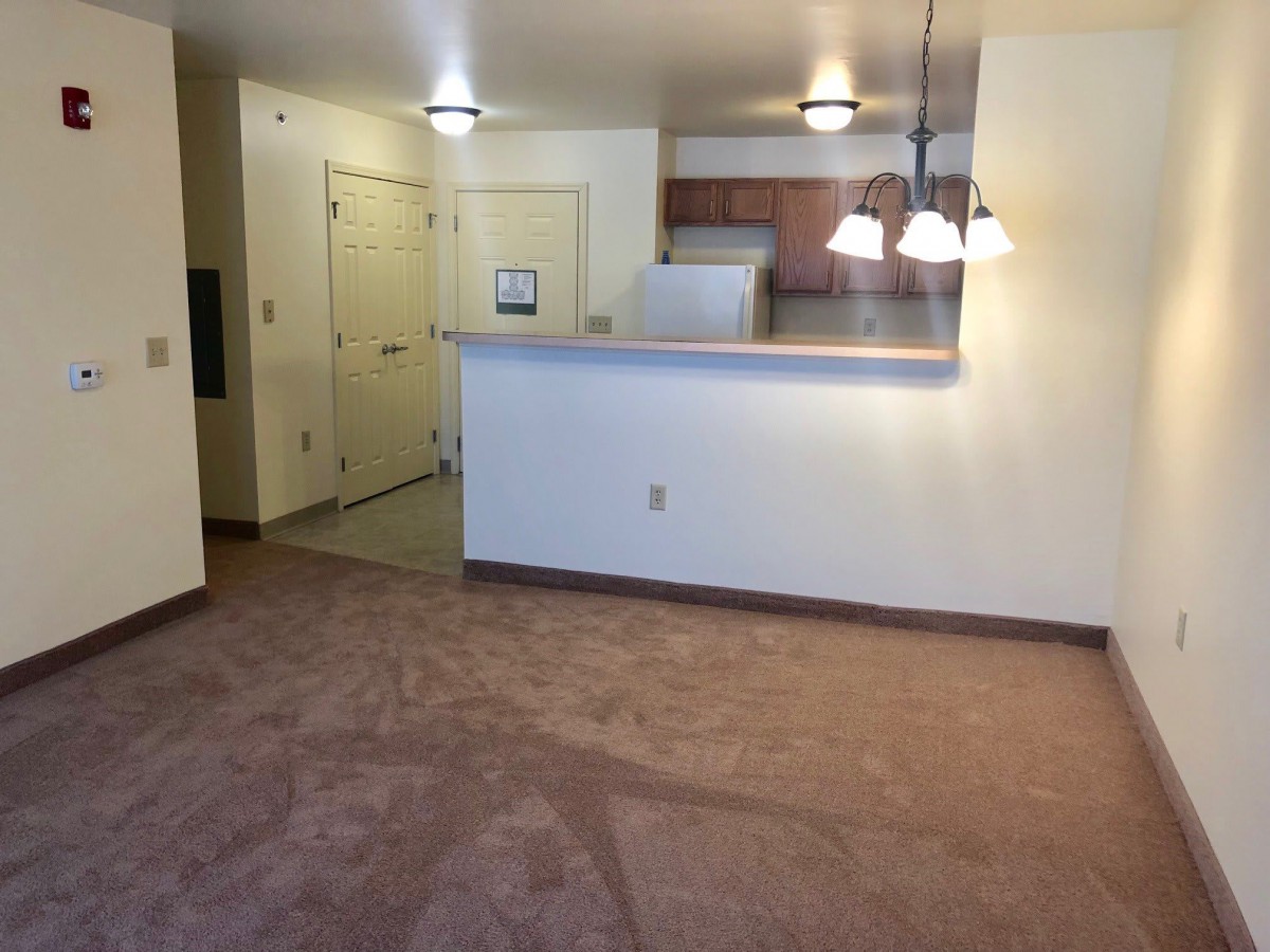 A cozy apartment featuring an open floor plan with a living area and a kitchen separated by a breakfast bar.