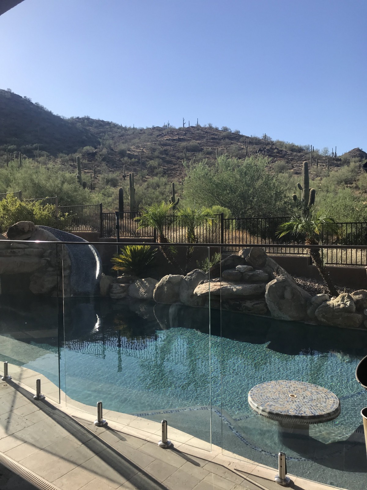 A serene backyard pool set against a desert landscape with mountains and cacti.
