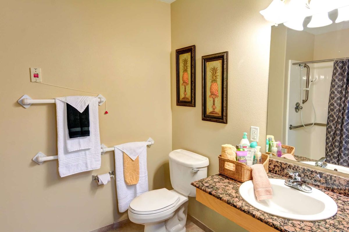 A well-organized bathroom with a toilet, sink, mirror, neatly arranged hygiene products, and decorative framed art on the wall.