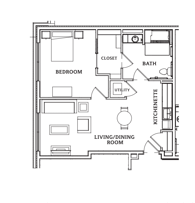A floor plan of a one-bedroom apartment with a living room, kitchenette, bathroom, and closet.