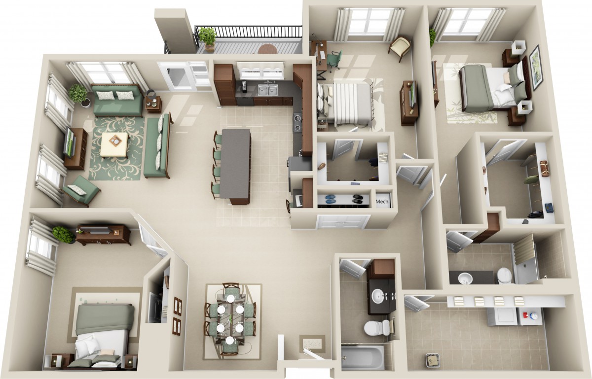 A 3D floor plan of a modern apartment featuring two bedrooms, a kitchen, and a living area.