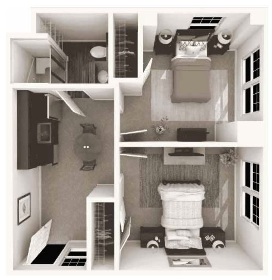 A top-view floor plan of a two-bedroom apartment showcasing furniture placement and room layout.