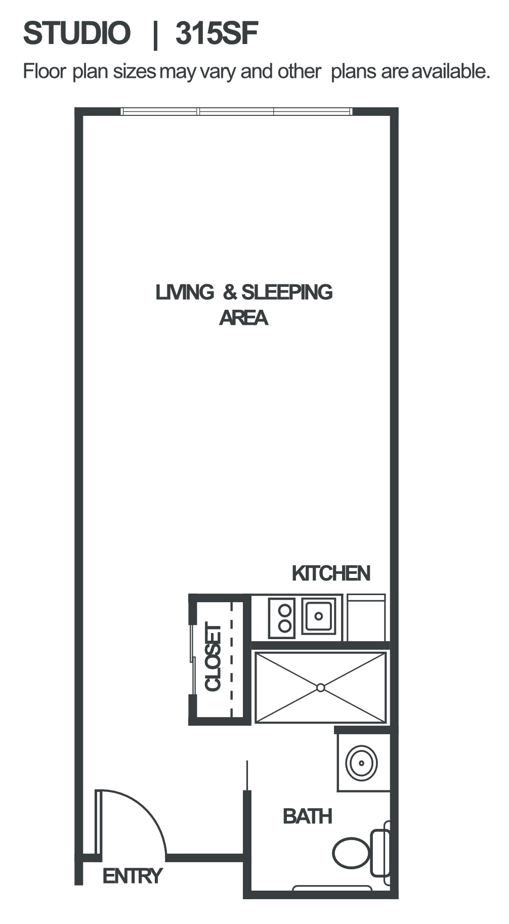 A floor plan of a studio apartment with a living and sleeping area, kitchen, and closet.