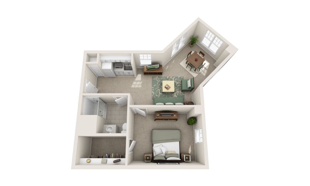 3D floor plan of a one-bedroom apartment with a living room, kitchen, bathroom, and dining area.