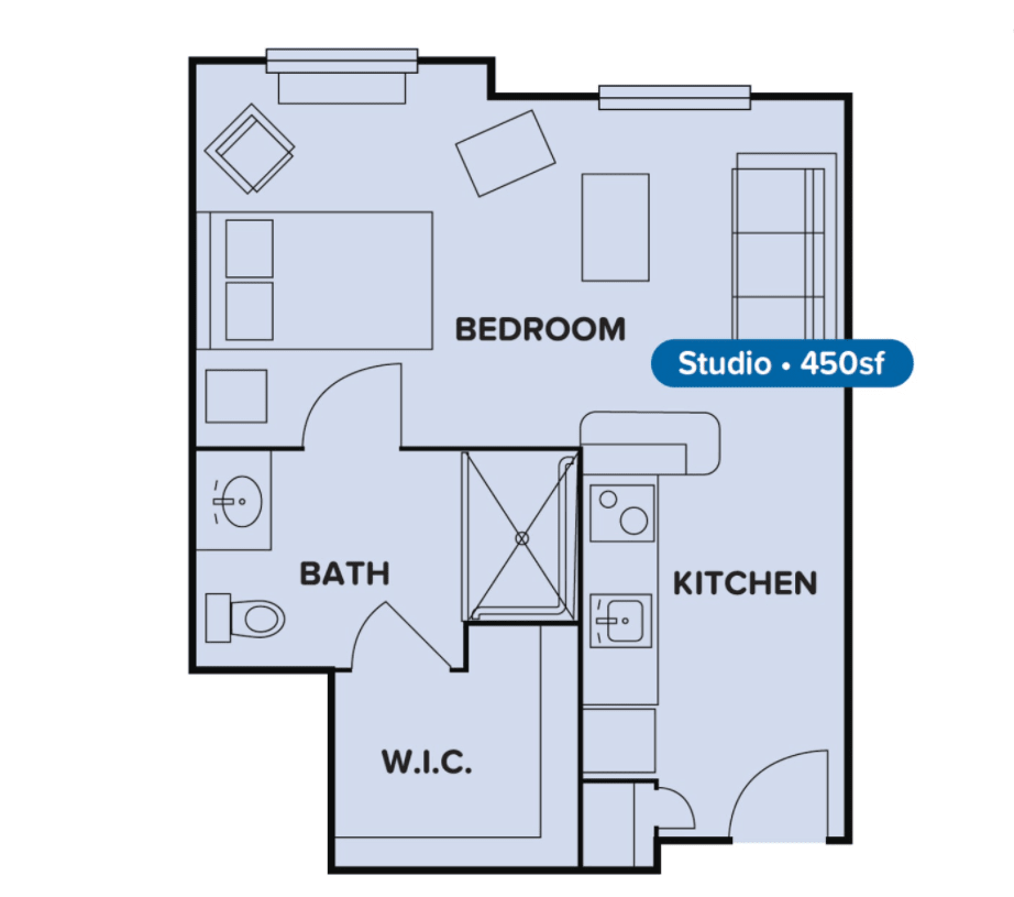 A floor plan of a 450 sq ft studio apartment featuring a bedroom, kitchen, and bathroom.