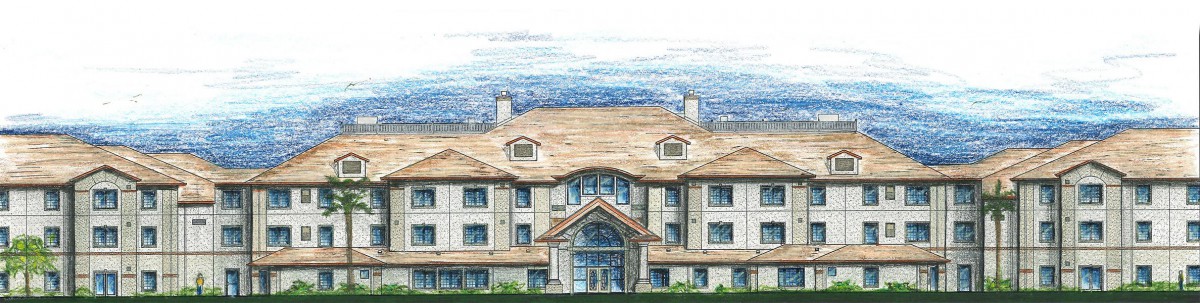 Architectural illustration of a multi-story building.