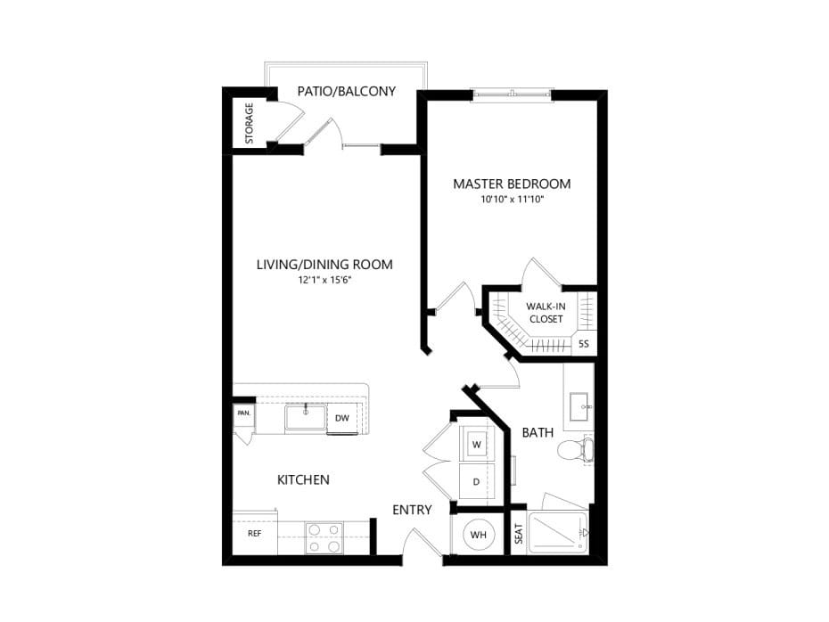 A floor plan of a one-bedroom apartment with designated areas for the living/dining room, kitchen, master bedroom, bath, and patio/balcony.