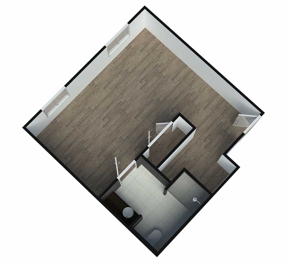 A 3D floor plan of an apartment showcasing a spacious main area and enclosed bathroom.