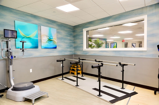 A well-equipped physical therapy studio featuring barre exercises and calming artwork.