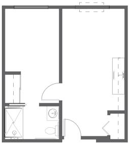 A simple floor plan of an apartment showing rooms and door placements.
