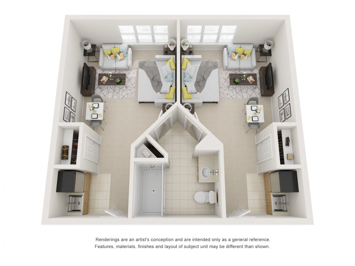 A 3D rendering of a two-bedroom apartment layout showcasing furniture placement and interior design.