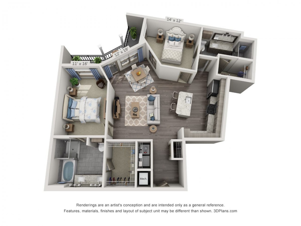 A 3D floor plan of a modern apartment showcasing a detailed layout with two bedrooms, a living room, kitchen, and bathroom.
