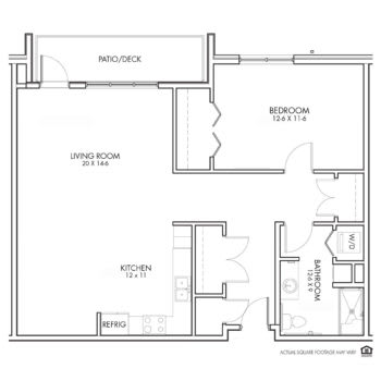 One bedroom apartment floor plan with living room, kitchen, and bathroom.