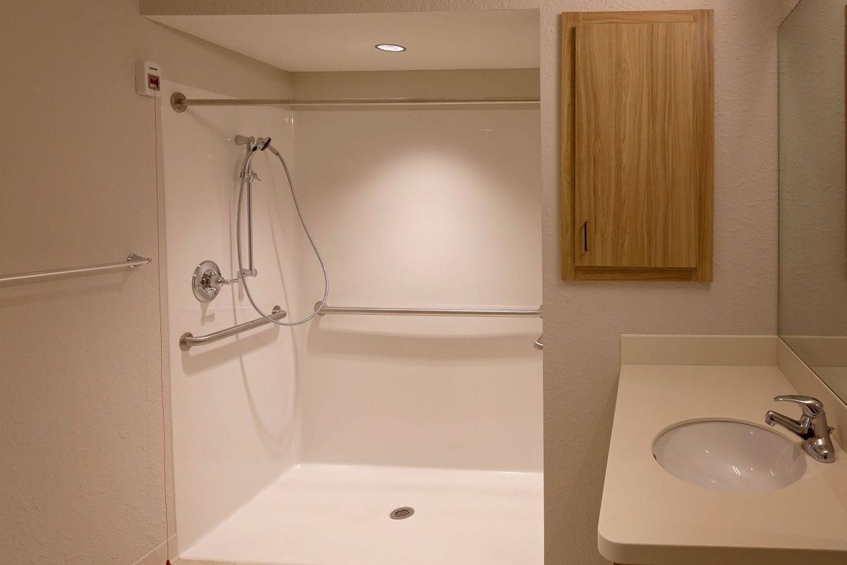 A modern, accessible shower with grab bars and a sleek design.