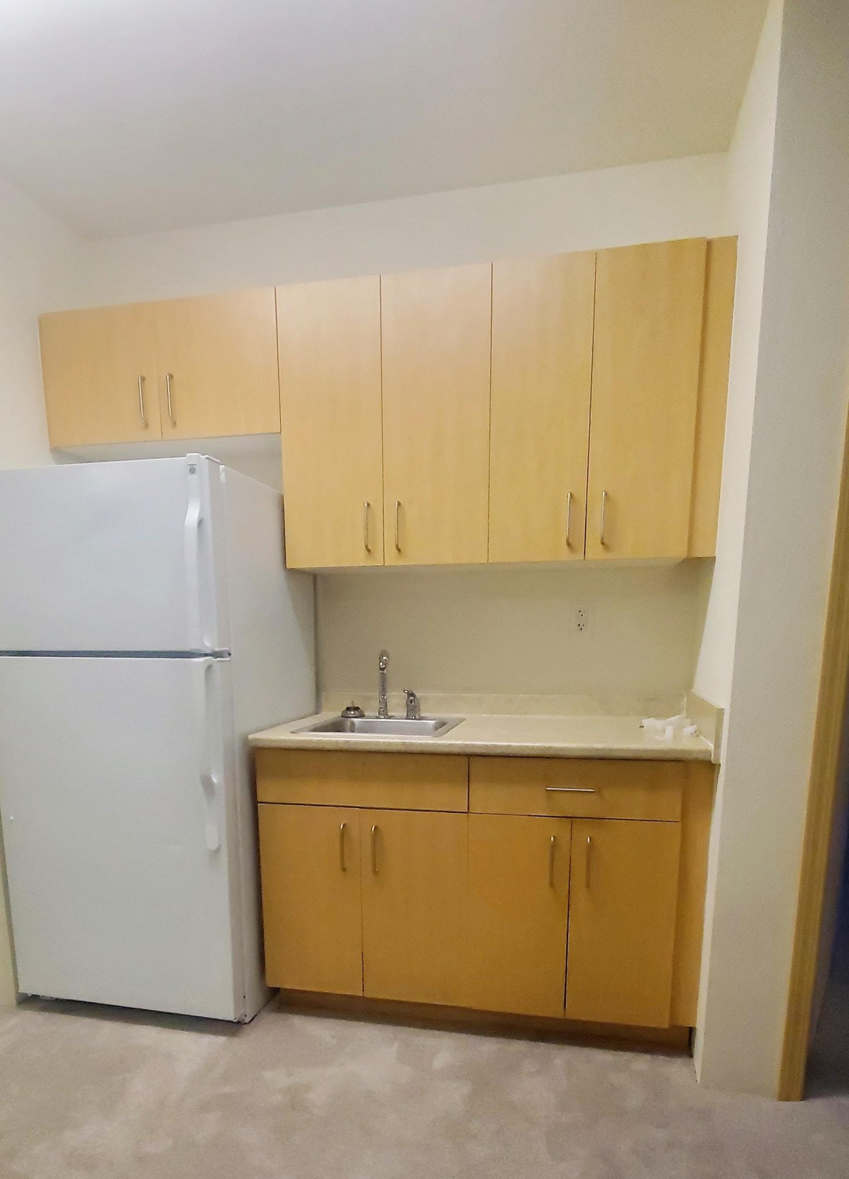 A compact kitchen area with light wood cabinets, a refrigerator, and a small sink.