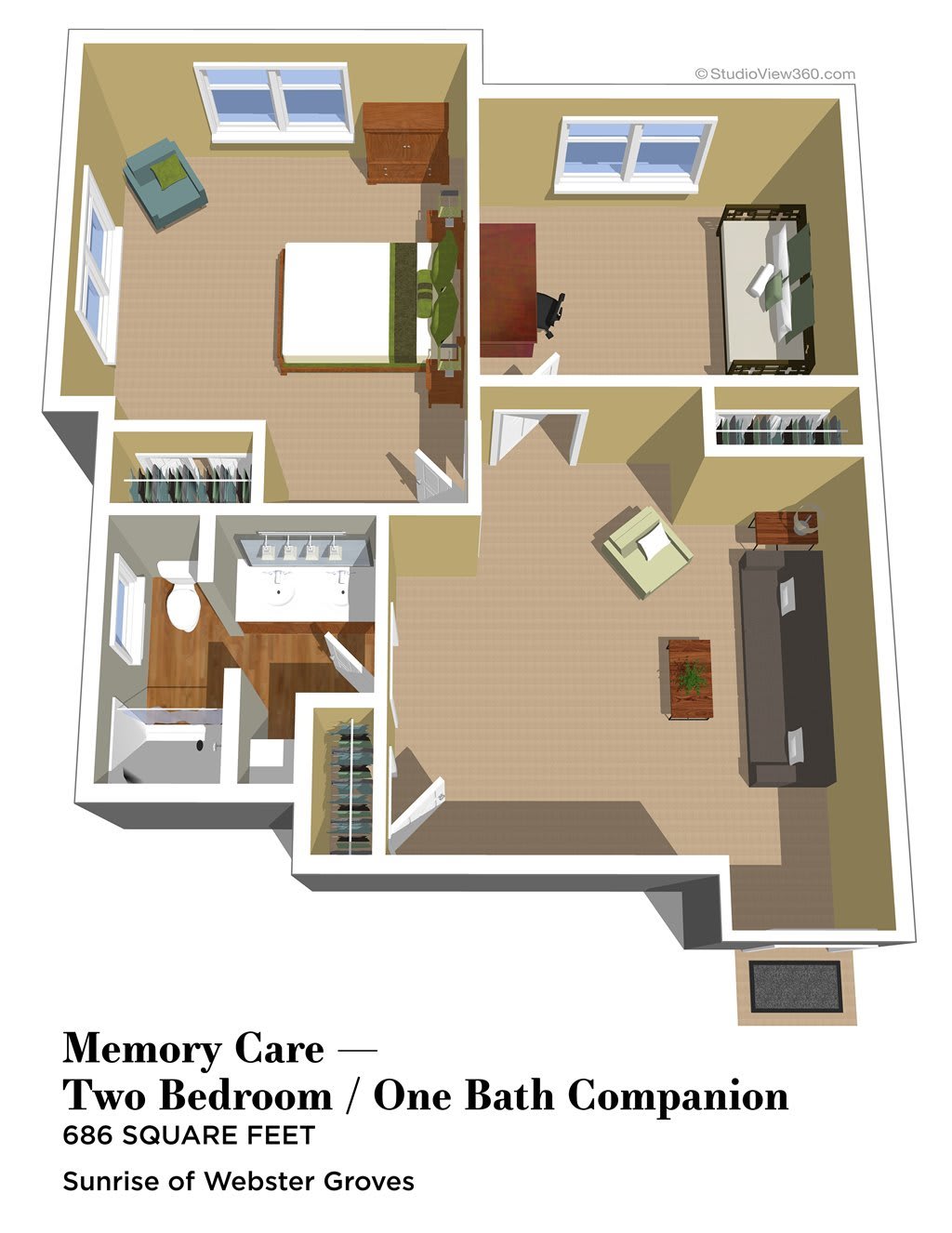 A floor plan of a two-bedroom, one-bathroom memory care unit.