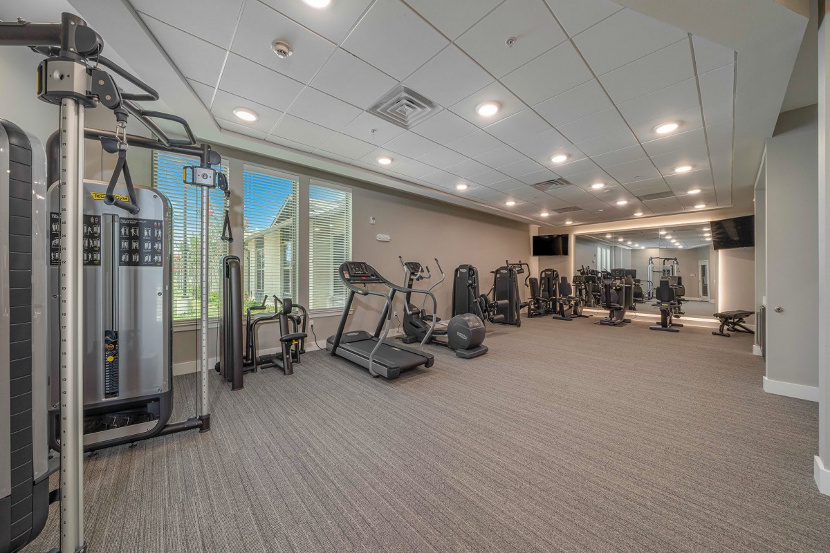 A modern gym with various exercise equipment including treadmills and weight machines.