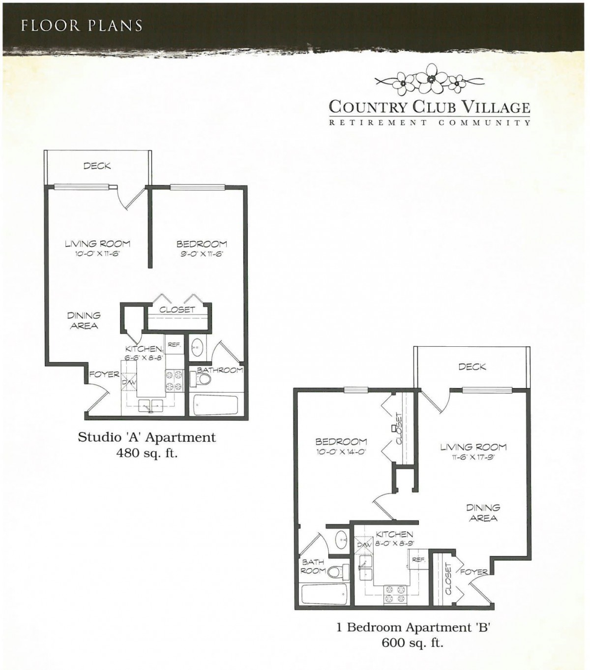 Floor plans for two-bedroom apartments at Country Club Village.