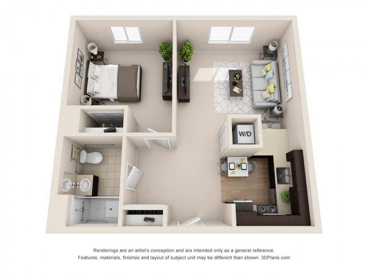 A 3D rendered floor plan showing a one-bedroom apartment with a living area, kitchen, bathroom, and bedroom.