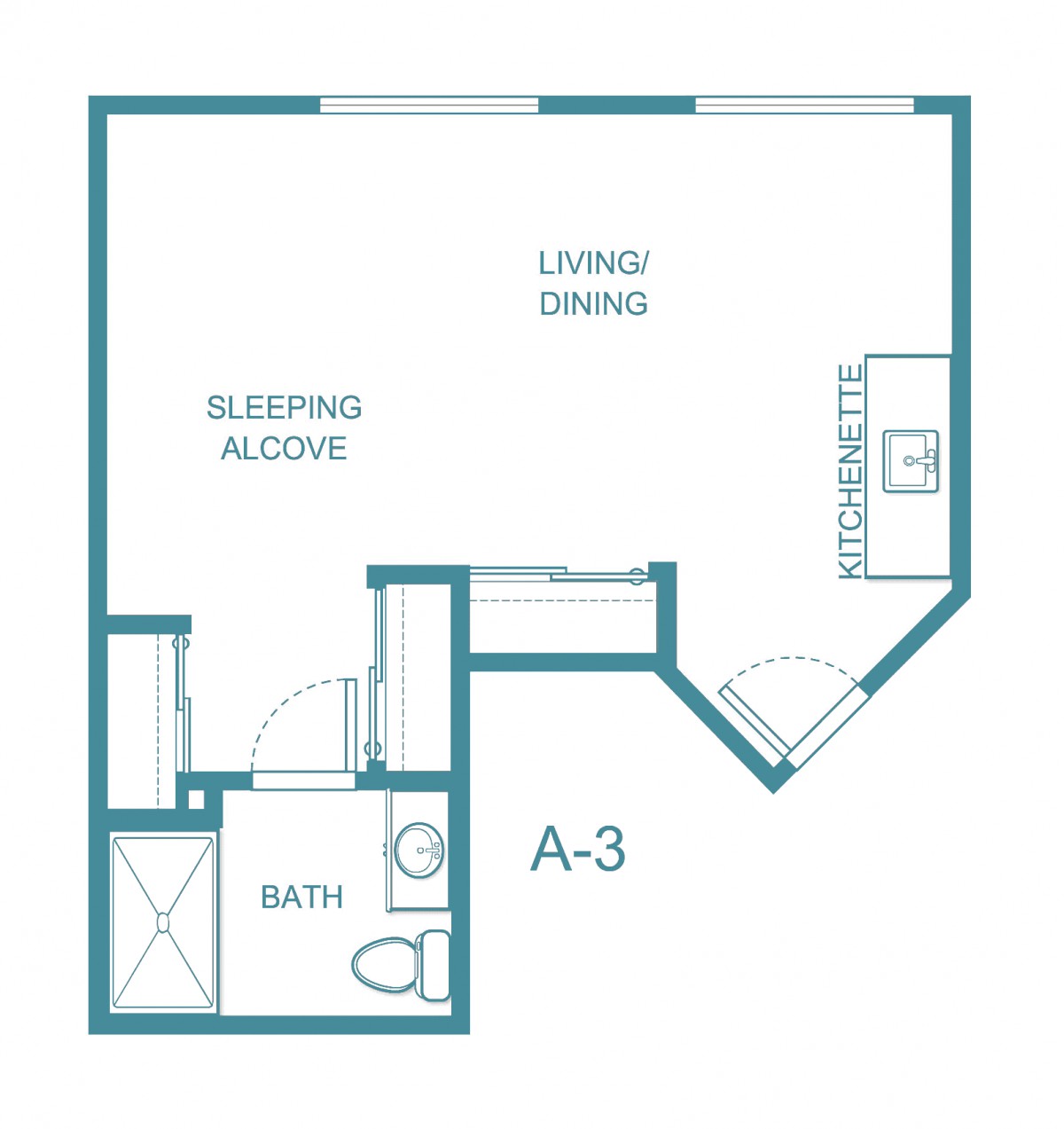Studio apartment floor plan with a sleeping alcove and living/dining area.