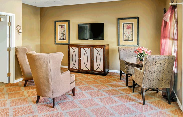 A cozy living room featuring a television, elegant artwork, and comfortable seating arrangements.
