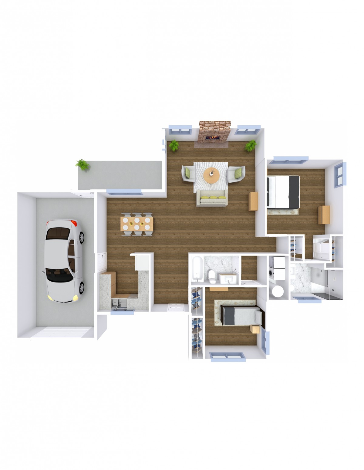 A 3D floor plan of a house featuring a garage, living area, kitchen, dining room, and bedroom.