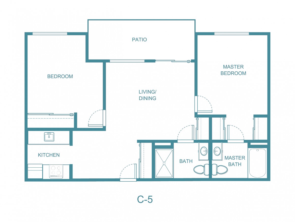 A floor plan layout of a two-bedroom apartment, labeled as C-5, featuring a living room, kitchen, patio, and two bathrooms.