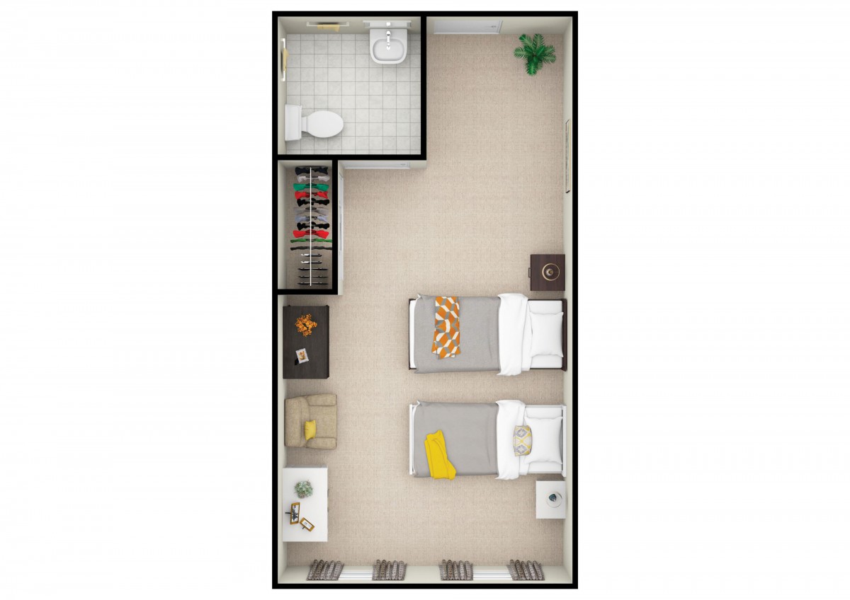 A compact studio apartment floor plan showcasing a combined living and sleeping area, a bathroom, and a small kitchen.
