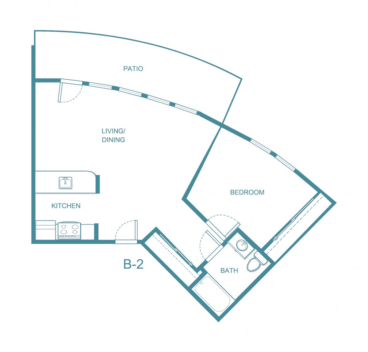 A floor plan depicting the layout of an apartment, including a bedroom, living area, kitchen, and bathroom.