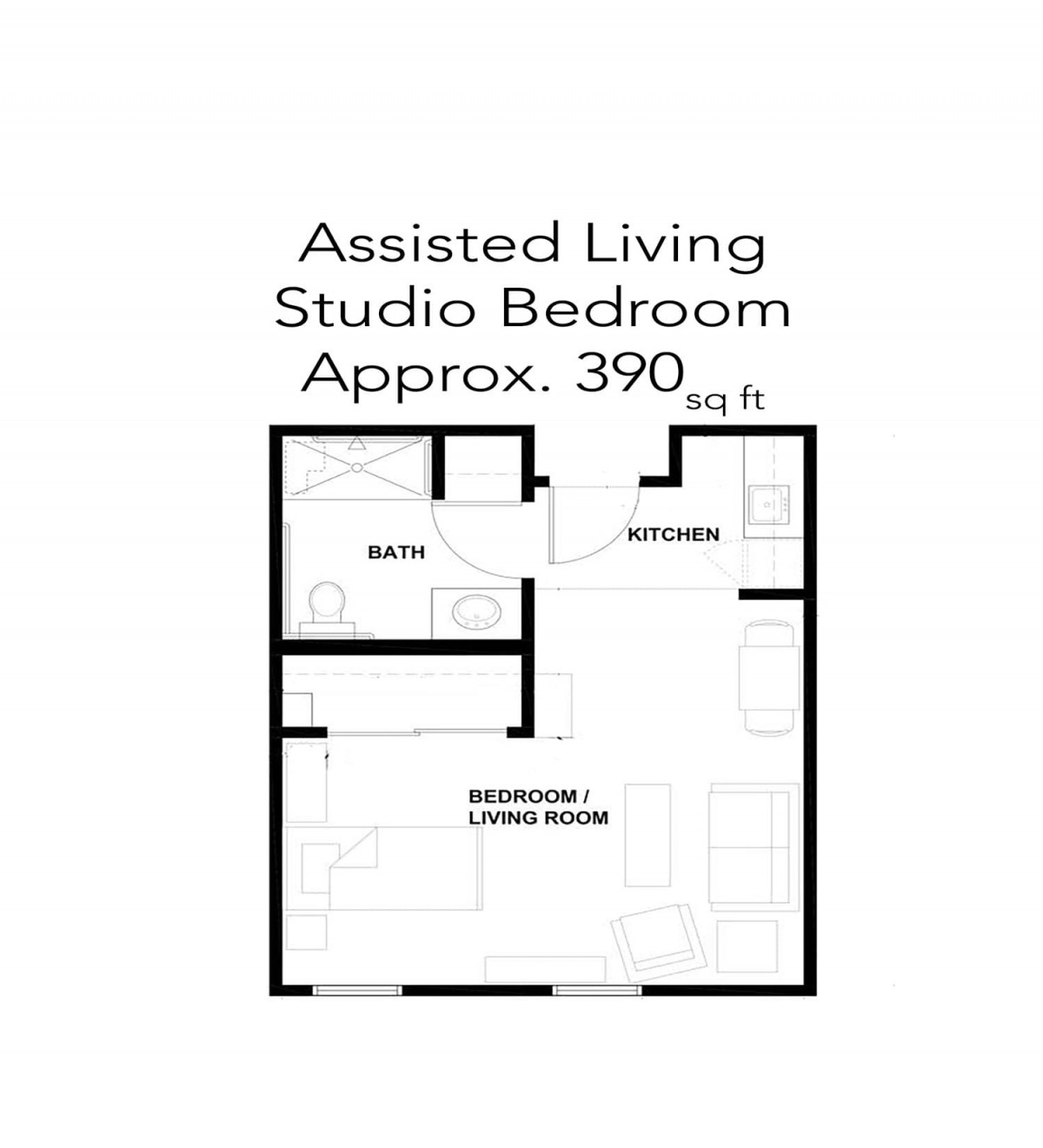 Floor plan of an assisted living studio apartment measuring approximately 390 square feet.