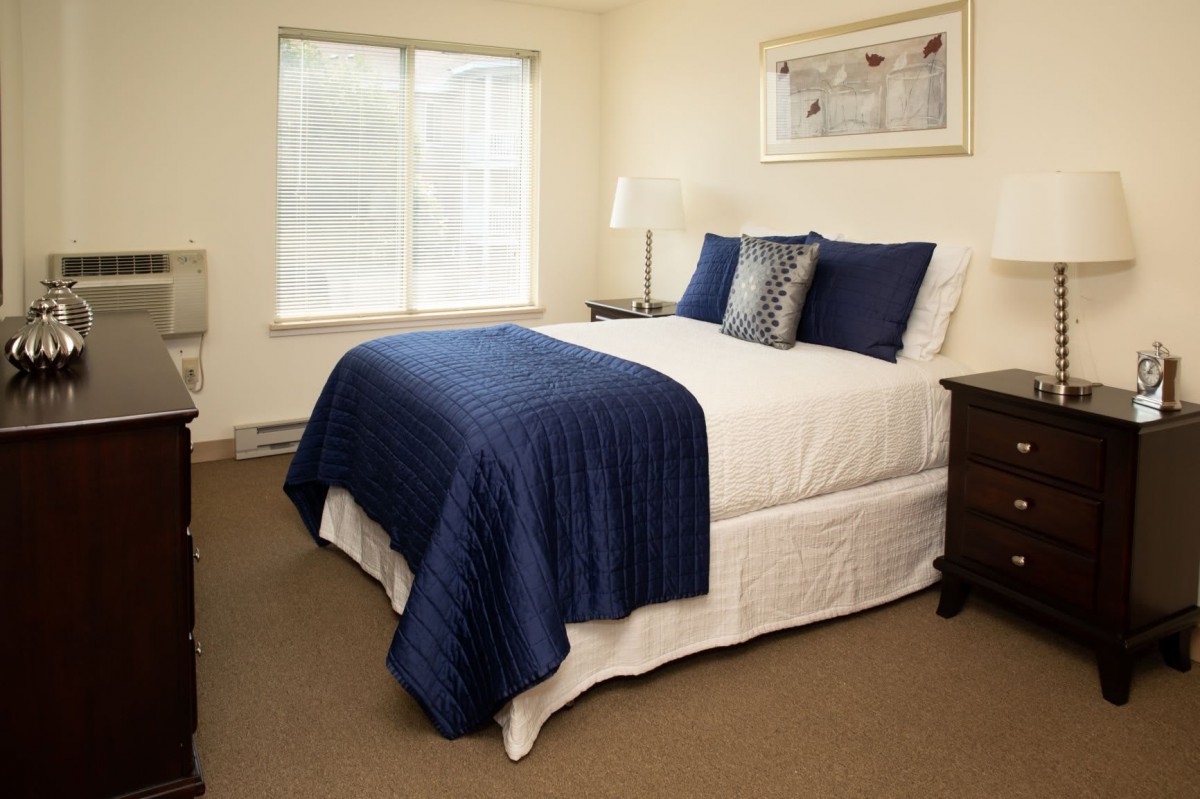 A cozy bedroom featuring a bed with blue bedding and pillows, illuminated by natural light from a window.