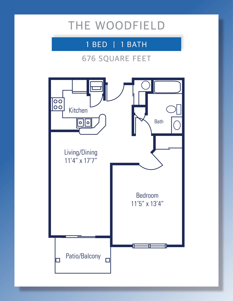 A floor plan of a 1-bedroom, 1-bathroom apartment measuring 676 square feet.