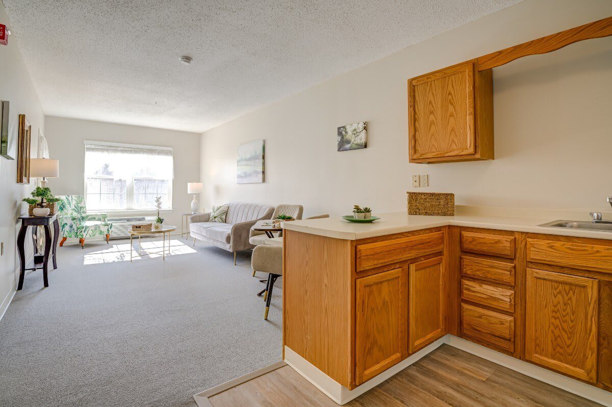 An open-concept apartment with a kitchen and cozy living area, featuring natural light and simple decor.