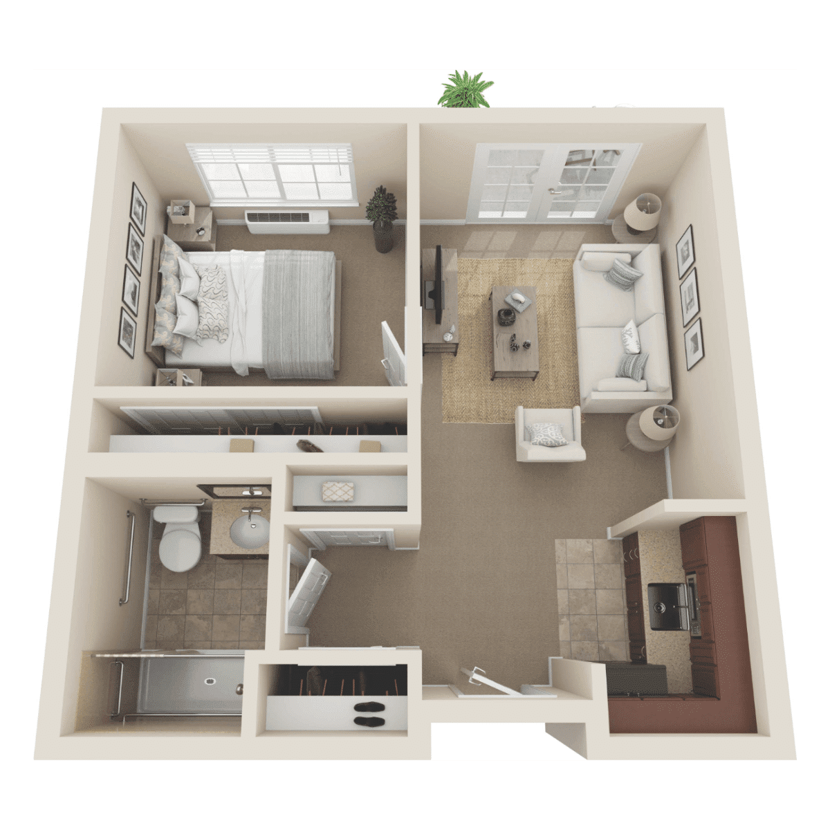 A 3D floor plan of a one-bedroom apartment featuring a living room, kitchen, and bathroom.