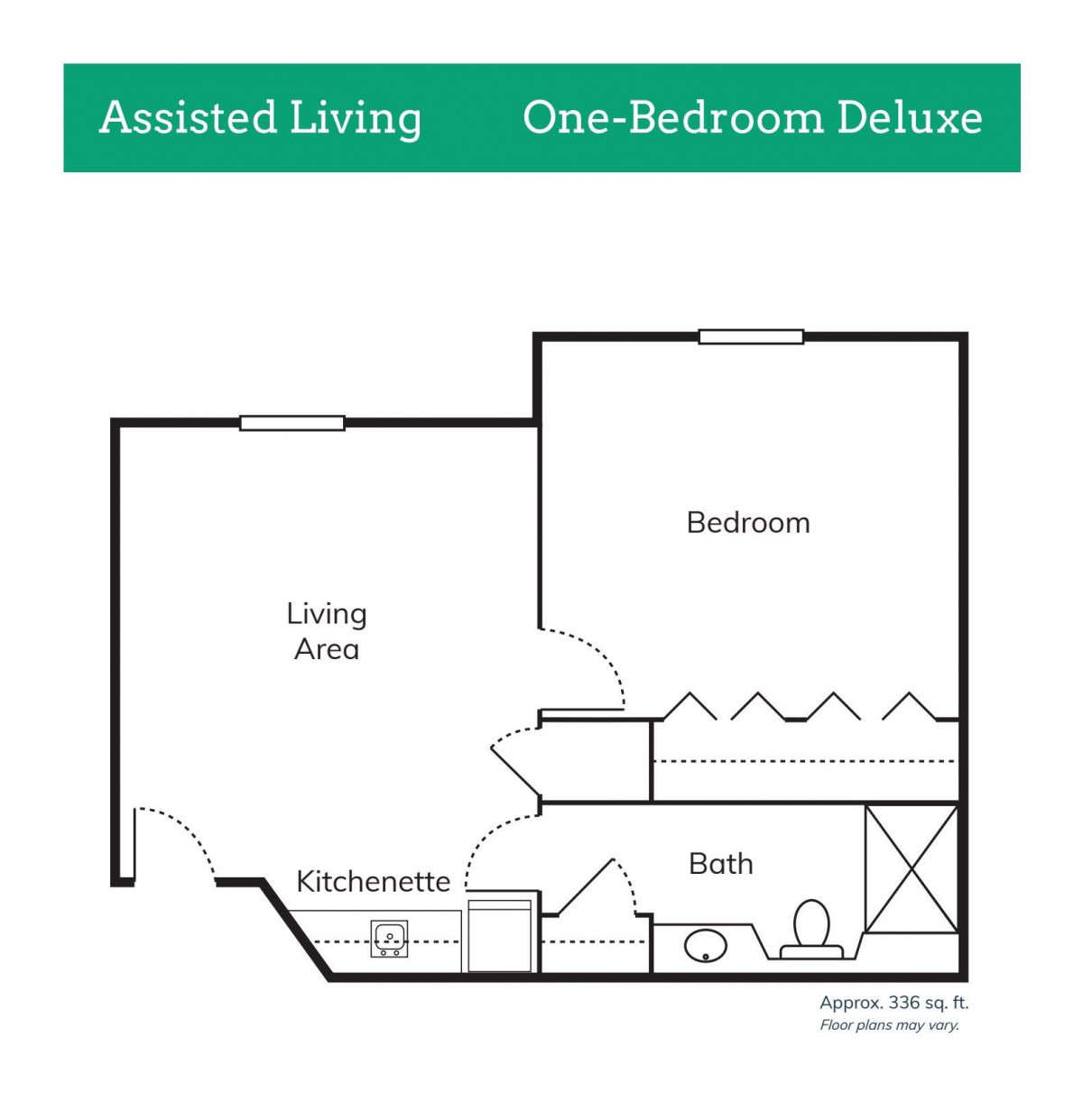 Floor plan of a one-bedroom deluxe assisted living apartment.