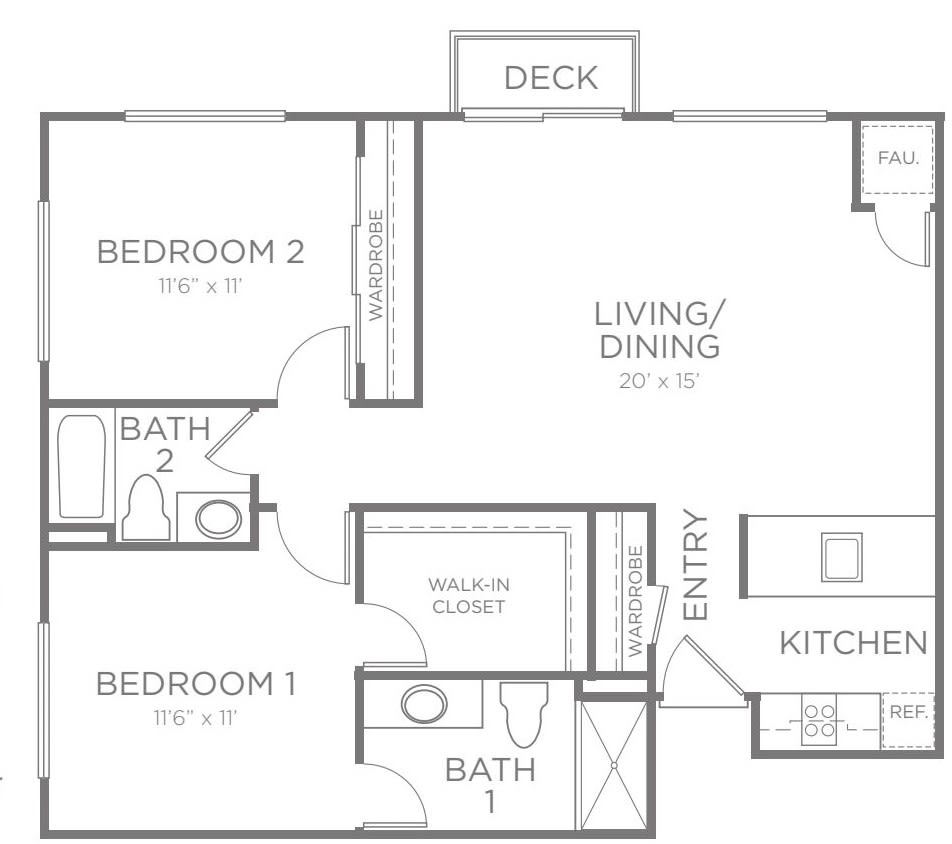 Floor plan of a residential apartment with two bedrooms, two bathrooms, kitchen, and living/dining area.