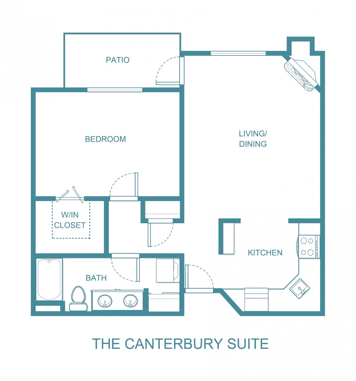 The Canterbury Suite floor plan showing layout of bedroom, bathroom, kitchen, and living/dining area.