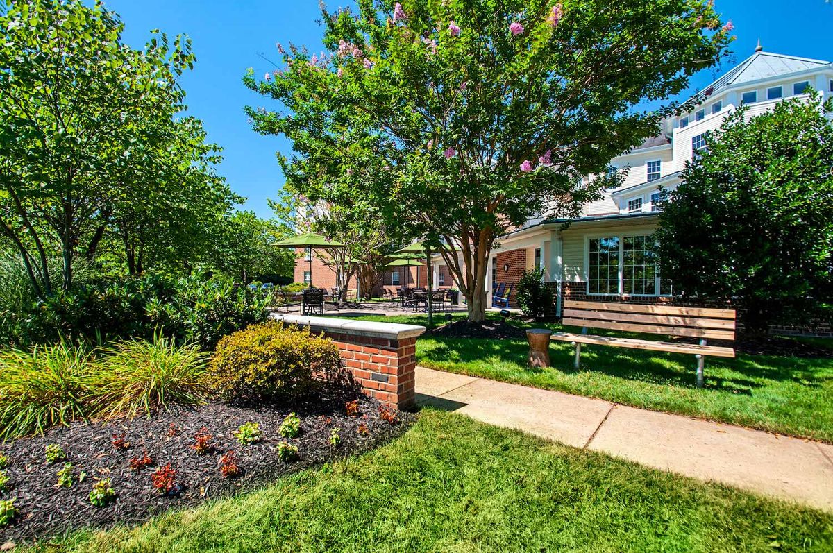 A well-maintained garden with a brick wall, trees, and a pathway leading to the house.