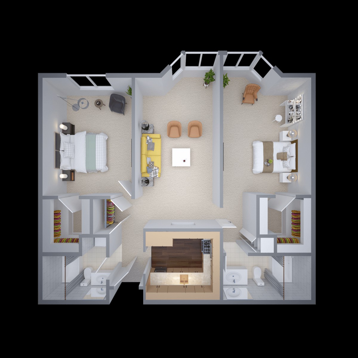 A top-down view of an apartment floor plan showcasing a living area, bedroom, and kitchen.
