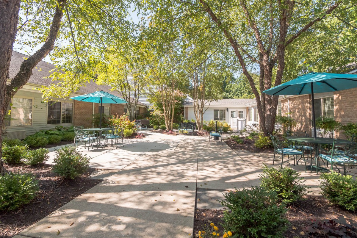 A serene courtyard with tables, chairs, and umbrellas nestled among trees and greenery.