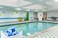 A serene indoor swimming pool with decorative wall art and aquatic amenities.