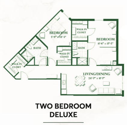 A layout of a two-bedroom deluxe apartment floor plan.