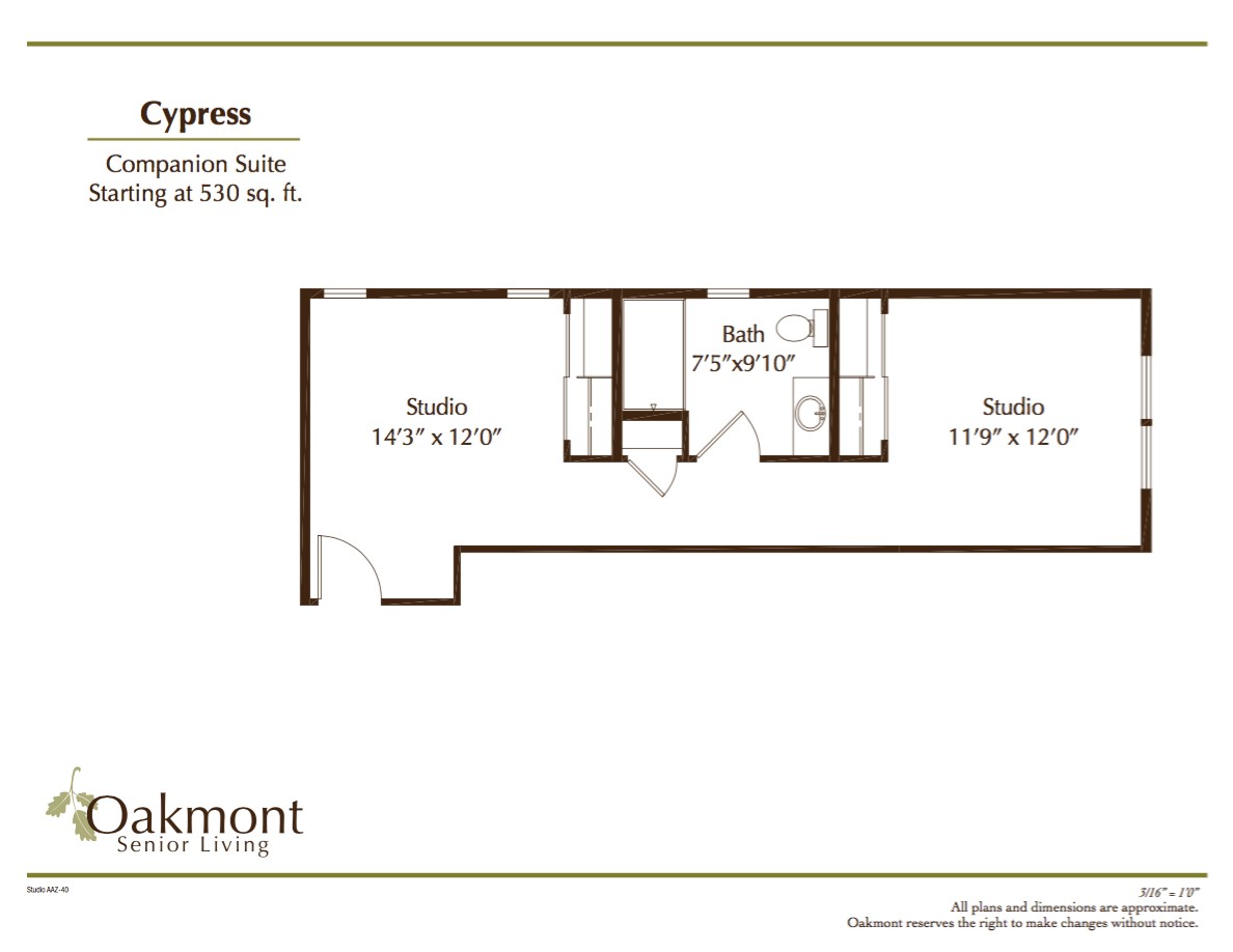 Floor plan of the Cypress Companion Suite measuring 530 sq. ft.