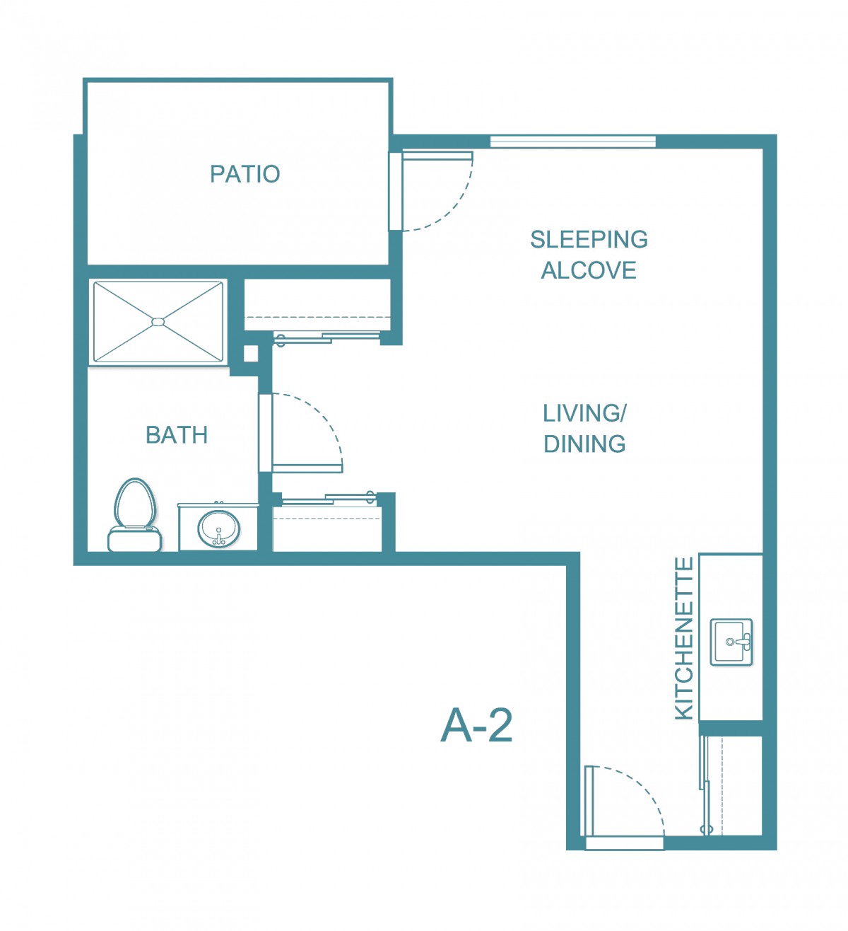 Studio apartment floor plan with a sleeping alcove, living/dining area, kitchen, and bathroom.