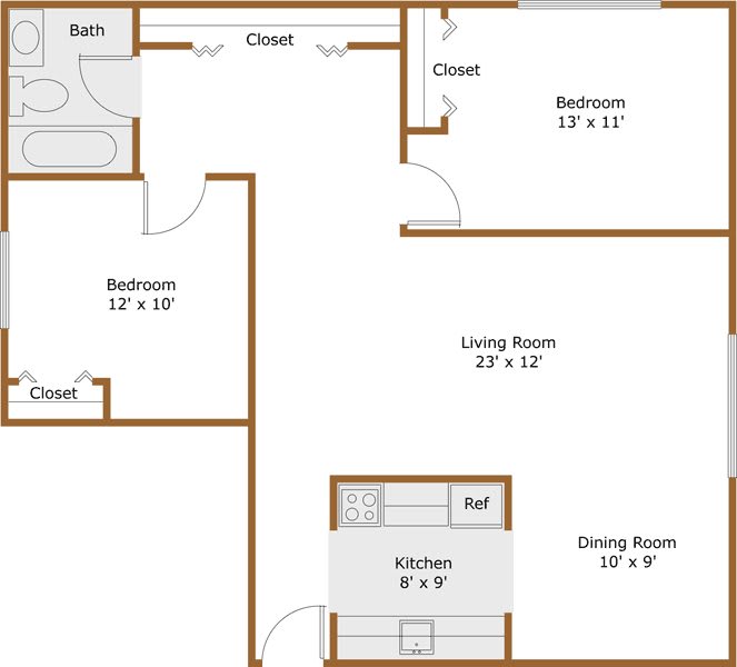 A floor plan of a two-bedroom apartment featuring a kitchen, living room, dining room, and bathroom.