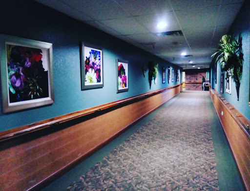 A well-lit hallway adorned with colorful artwork, featuring a carpeted floor and wooden paneling.