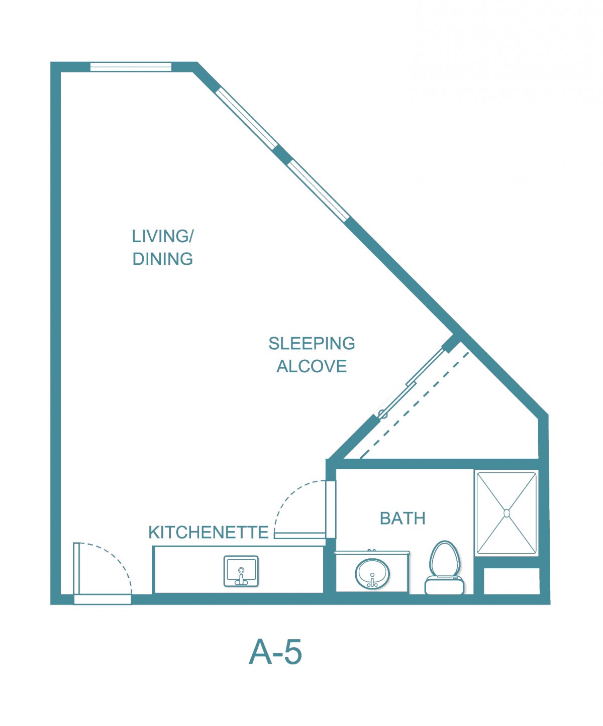 Studio apartment floor plan with kitchenette, living/dining area, sleeping alcove, and bathroom.