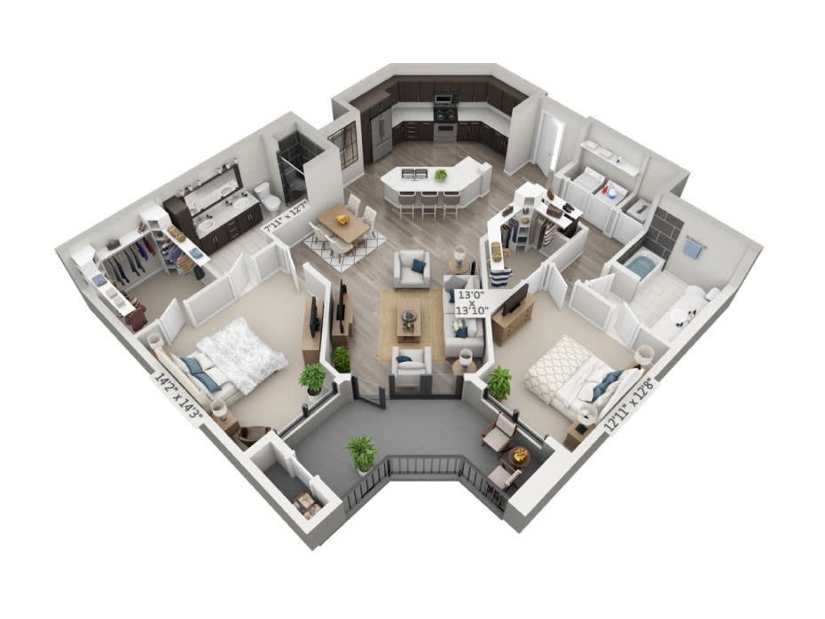 A 3D floor plan of an apartment with multiple rooms, including bedrooms, a kitchen, and living areas.